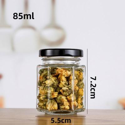 China Freshness Preservation 45ML 85ML 100ML 180ML 280ML 380ML 500ML 730ML Hexagon Shape Honey Jam Pickles Glass Jar for sale