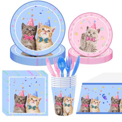 China Cute Cat Kids Birthday Pet Party Supplies Baby Shower Party Birthday Decoration Disposable Paper Soup Plate Napkin Modern Tableware for sale