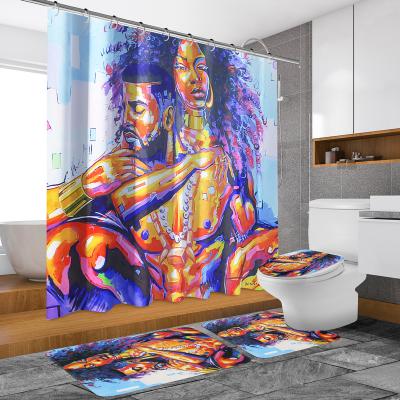 China Sustainable Modern African American Men And Women Couple Polyester Shower Curtain And Bath Mat Set For Bathroom for sale