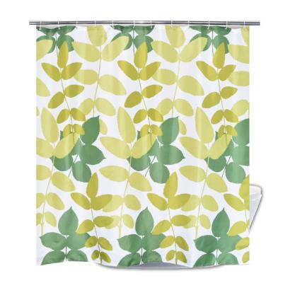 China Sustainable Easy Clean Nature Plant Green Waterproof Leaves Print Bathroom Curtain With C Hooks for sale