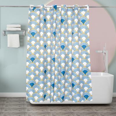 China Sustainable Waterproof Fabric Gold And Blue Hookless Fan Shaped Printed Wide Shower Curtain For Bathroom for sale