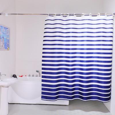 China Sustainable Polyester Fabric Printing Blue White Stripe No Hook Shower Curtain for sale