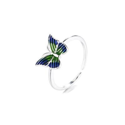 China Cute Silver Plated Soft Blue And Green Colorful Enamel Butterfly Finger Wriggler Ring for sale