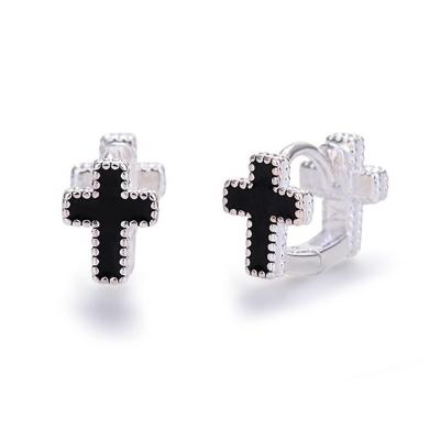 China Stylish Back and Front Double Cross Black Enamel Huggie Earrings in Silver Plating for sale