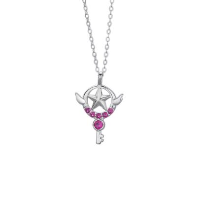 China Cute Classy Pink Stones Magic Wand Key Pendant Necklace with Star and Angel Wing for sale