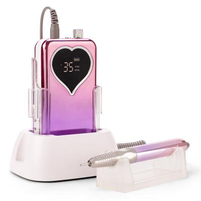 China HD Display Rotary Speed & Battery Capacity High Power 85W Brushless Cordless Electric Nail drill Machine Portable Rechargeable dock E-File Patented Design Heart-shape LCD for sale