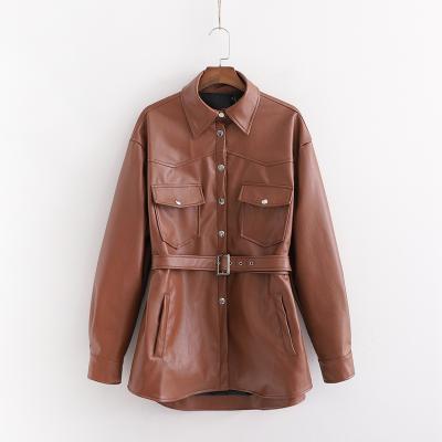 China Friend Viable Style Brown Color PU Leather Jacket Women Fall Casual Belts Coats With Pocket for sale