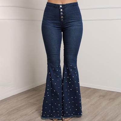 China 2021 new Anti-wrinkle stretch jeans streetout pants beaded bell-bottom pants plaid flared pants for sale