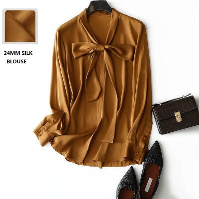 China OEM Fashion Design Lady Casual Blouse Ladies Plain 100% Bow Tie Silk Anti-Shrink Shirt Long Sleeve Tops for sale