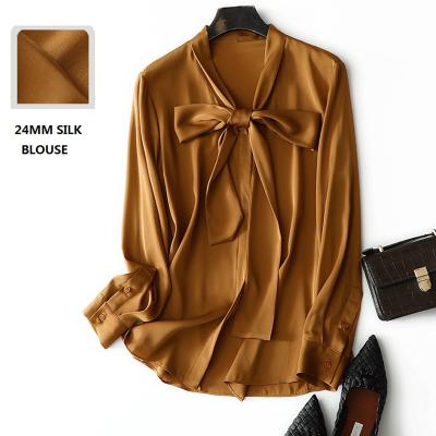 China Elegant Anti-Shrink Spring and Autumn Heavy Silk Blouse Women Sheath Long Silk Blouse Bow Tie Shirt for sale