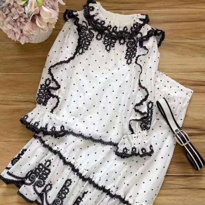 China Solid color women's breathable office blouse with ruffles and floral embroidery and lace polka dot on the sleeves, sleeve openings and collar for sale