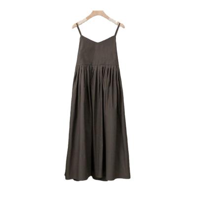 China Beige Washable Black Casual Sling Pleated Backless Stretch Linen Dress Summer Ladies Fitted Casual Dress for sale