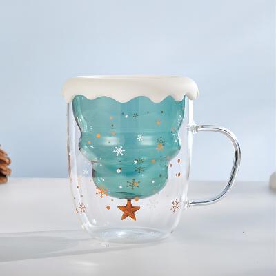 China 2023 Luxury Hot Selling Morden Amazon Double Wall Coffee Mugs Glass Tea Mug With Handle Christmas Tree Glass Mug for sale