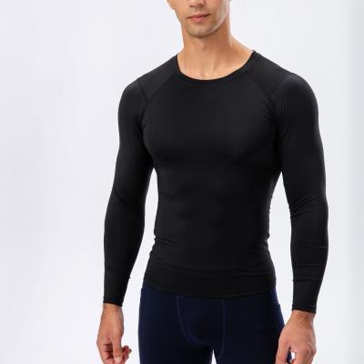 China 2021 Wholesale Anti-Wrinkle Gym Clothing Polyester Spandex Long Sleeve Slim Fit Fitness Round Neck T-Shirt For Men for sale