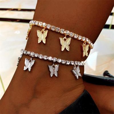 China CLASSIC Sliver tennis gold diamond fashion CZ link foot jewelry butterfly charm Cuban anklet chain for sale