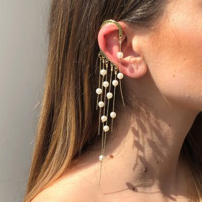 China Pearl Tassel Ear Bone Clip Ear Hook Fashion Punk Women Exaggerated Gold Plated Cuff Chains Earring for sale