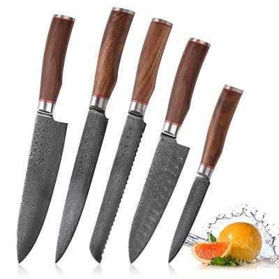 China Sustainable Quality Japanese Style Vg10 Damascus Walnut Wood Damascus Knife Sets Custom Kitchen Knives for sale