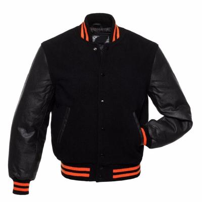 China Viable Custom Quality Logo Varsity Jacket Men High Quality Wool College Letterman Black Sheer Bomber Jackets Black Genuine Leather Sleeves for sale