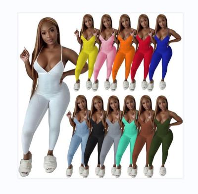 China 2021 summer QUICK DRY v neck backless overalls v neck overalls womensolid color women 1 piece overalls for sale