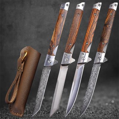 China Durable M390 Folding Steel Knife With Wooden Holster Handle Damascus Pattern High Hardness Hunting Knife Camping Survival Outdoor Tools for sale