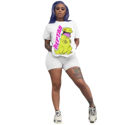 China Breathable Women Sporting Cartoon T-shirt Tops Matching Set Two Piece Casual Sweatsuit Legging Shorts Jogger Pants Suit Women Set for sale