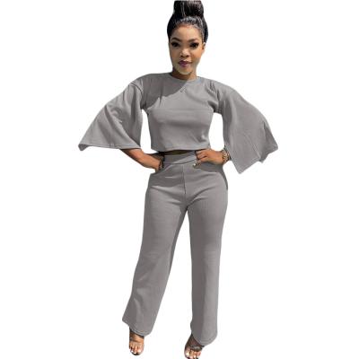 China 2021 Breathable 5colors Casual Solid Color Flared Sleeves Autumn Women Clothing Two Piece Pants Set Upper With Wide Leg Pants for sale