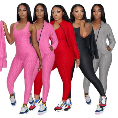 China 2021 Autumn Winter Silver Lady Sustainable Sports 3 Piece Set Yoga Suit Set Clothing With Vest Tracksuit Set for sale