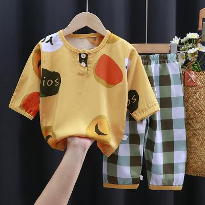 China 2 Pcs Thermal/Kids Pajamas Set Summer With Silk Fabric Material With Cropped Pants Kids Sleepwear Pajamas Set for sale