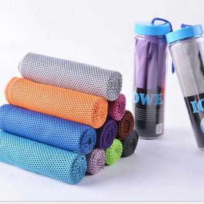 China Compressed Microfiber Printed Logo Sports Instant Cooling Towel With PET Bottle for sale