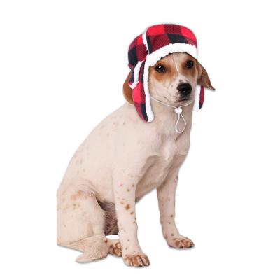 China Viable Christmas Dog Trooper Hat With Earmuffs Winter Adjustable Pet Plaid Ushanka Pet Hat Red Christmas Dog Headwear for sale