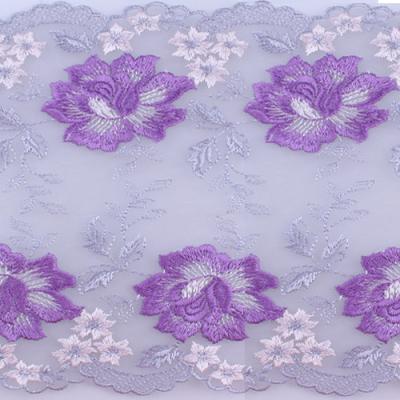 China Sunbloom Water Soluble 10-45cm Width Purple Mesh Lace Trim Tulle Net Double Flower Lace Up Elegant Style Customized Accessory for sale