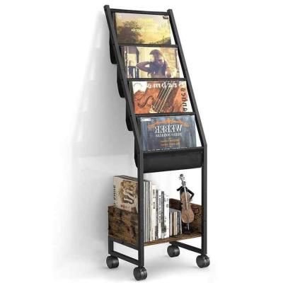 China Stocked 5 Tier Vinyl Record Storage Holder Metal Magazine Display Stand Mobile Large Capacity LP Records Rack for sale