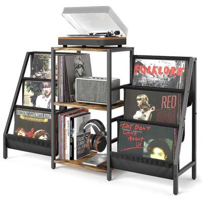 China Stocked 3-Tier Metal Record Player Stand with Vintage Brown Wood Record Player Table Up to 300 Albums Vinyl Record Storage Rack for sale