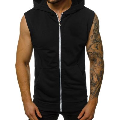 China New Solid Color Sports Fitness Vest Sleeveless Hoodie Gym Breathable Sleeveless Fitness Fashionable Men's Cardigan Loose Hooded Vest for sale