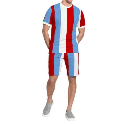 China Wholesale Casual Quick Dry Breathable T-shirt and Stripe T-shirt Men's Anti-Wrinkle Contrast Color Summer Polyester Shorts Set For Men for sale