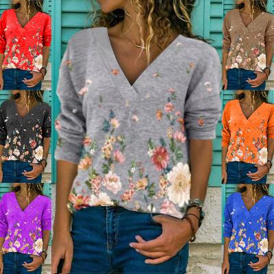 China 2021 Spring New QUICK DRY Women's Casual Loose V-Neckline Floral Print Long Sheath Plus Size T-shirt Women for sale