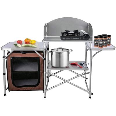 China Folding Picnic Outdoor Portable Camping Kitchen Table with Folding Table, Storage Organizer, Windshield for sale