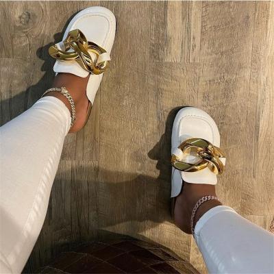 China 2021 Anti-odor Wholesalers New Fashion Platform Unique Women's Shoes Metal Chain Thick Flat Unique Sandals for sale