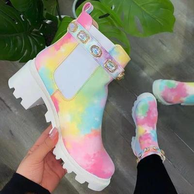 China 2021 Fashion Rhinestone Chunky Heel Ladies Anti-slippery Boots Colorful Print Short Chunky Martin Boots Manufacturers Winter Women for sale