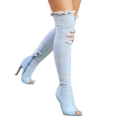 China Anti-slippery high heel denim boots over the knee elastic cavity kicks up women's shoes high heels boots for sale