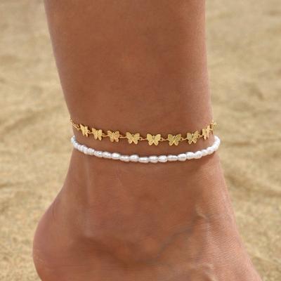 China BOHEMIA Bohemian Simulated Pearl Chain Anklet Bracelet for Women Double Layer Gold Color Butterfly Anklets Summer on Foot Jewelry for sale