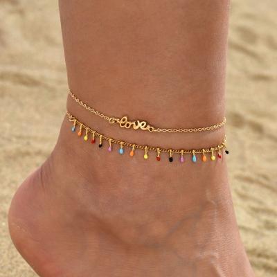 China BOHEMIA Bohemian Colorful Beads Chain Anklet Gold Color Letter LOVE Pendant Anklets for Women Summer Bracelet Foot Leg Jewelry for sale