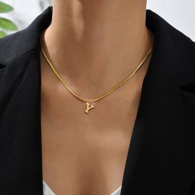 China TRENDY A-Z Alphabet Gold Plated Stainless Steel Pendant Necklace for Women Snake Chain Initial Letter Clavicle Necklaces for sale