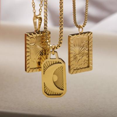 China Vintage Vintage Carved Cloud Sun Moon Rectangle Pendant Necklace New Trend Box Link Chain Collar Necklace Female Stainless Steel Jewelry for sale