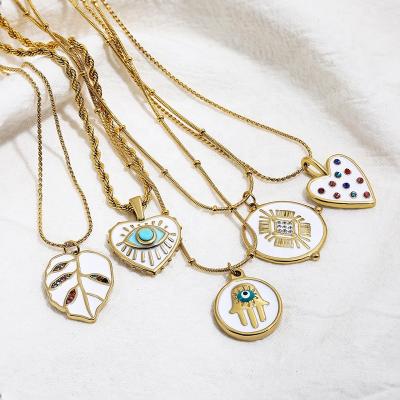 China TRENDY Vintage White Enamel Stainless Steel Leaf Heart E Eyes Pendant Necklace for Women Gold Color Rope Snake Chain Necklaces Gifts for sale