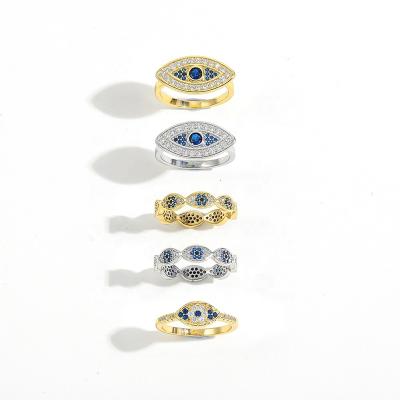 China TRENDY Lucky Turkish Blue Eye Rings Gold Color Copper Zircon Evi l Eye Finger Rings for Women Fashion Design Wedding Jewelry for sale