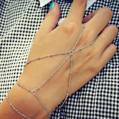 China TRENDY Fashion Charm Multi-layer Copper Beads Link Chain Connecting Finger Ring Bangle Bracelets for Women for sale