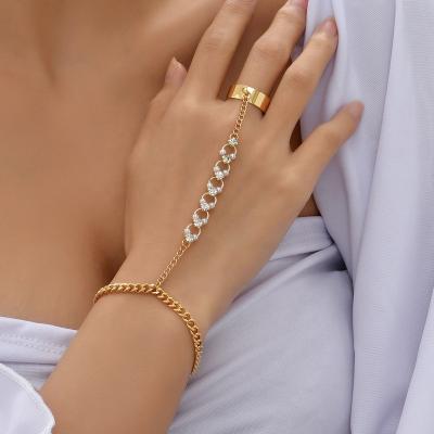 China TRENDY Shiny Rhinestone Pearl Chain Linked Finger Ring Bracelets for Women Punk Cuban Chain Bracelet Link Hand Harness Jewelry for sale