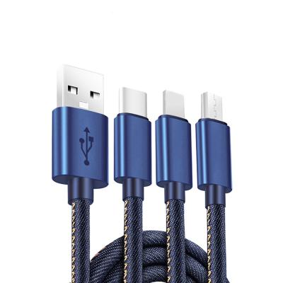 China 3A Fast Charging USB Cable Free Shipping Denim Braided 3 in 1 for 8pin Micro Type C Charging and Data Sync Cable for sale