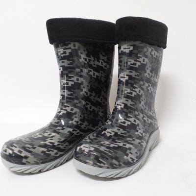 China PVC Waterproof Sock Kids Grid Black Warm Rain Boots for sale